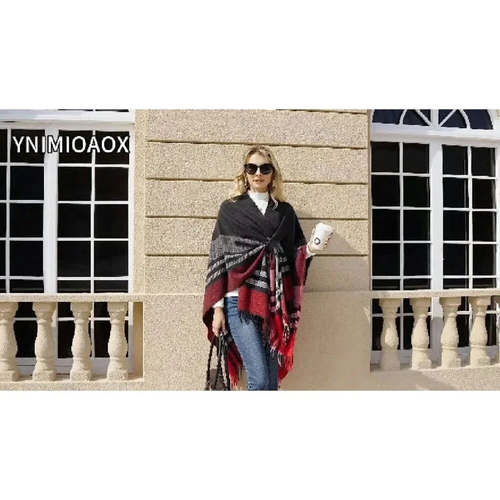 Soft Knit Poncho Shawl Wrap Cross Front Tassels Winter Cape Cardigan